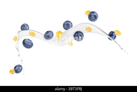 Tasty corn flakes with fresh blueberries and splash of milk in air on white background Stock Photo