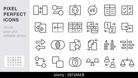 Comparison line icon set. Side-by-side compare, slider, A B test, file merge minimal vector illustrations. Simple outline signs for UI contrast Stock Vector