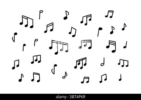 Set of simple doodle music note icons. Hand drawn sketch vector illustration. Song melody, sound, music key background. Childish kid crayon scribbles. Stock Vector