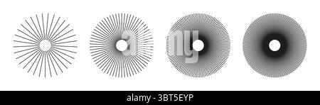 Radial circle lines. Symbol of Sun star rays. Circular lines elements. Set of flat design elements. Spokes with radiating stripes collection. Abstract Stock Vector