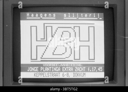 Miscellaneous screens for Infokab Computers, Whizgle News, Dutch Desk, The Netherlands, 1950 - 2000 on 16-04-1987. These are the elements in the image. The scene presents a digital display filled with various graphical elements. The background consists of a monochromatic palette, predominantly in shades of gray. Bold, geometric shapes are arranged in a structured layout, forming the focal point of the composition. The prominent feature is a stylized representation of letters and numbers, designed in an abstract style. Color contrasts are minimal, mainly flowing within the grayscale spectrum, b Stock Photo