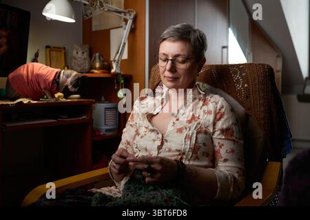 A confident mature woman sitting in a cozy home environment, focused on crocheting a handmade piece. In the background, a Sphynx cat in a red sweater Stock Photo