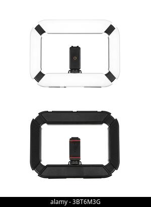 Two rectangular LED ring lights with phone holders, one white and one black, shown from different sides. Stock Photo