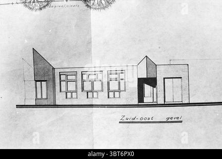 Drawing (construction drawing) with towers Beverwijk Drawings drawings, Whizgle News, Dutch Desk, The Netherlands, 1950 - 2000 on 10-07-1978. These topics appear in the image. The scene presents a conceptual architectural drawing of a building’s southeast elevation. The design features a clean and simple geometric structure, characterized by a combination of rectangular shapes and triangular forms. The structure has multiple windows arranged symmetrically, framed in a manner that highlights their angular aesthetics. These windows are proportioned evenly, contributing to a balanced look. The bu Stock Photo
