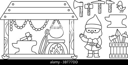 Vector black and white blacksmith dwarf clipart set. Cute ironsmith gnome collection. Fairytale character line illustrations. Magic creature pack, col Stock Vector