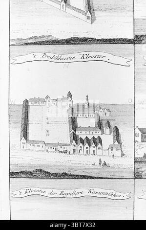Image of a building with the texts 'Predikherenklooster' and 'Klooster der regular Canons' with indication of cardinal points.., Whizgle News, Dutch Desk, The Netherlands, 1950 - 2000. These topics are shown in the image. The scene depicts a detailed architectural drawing of a large building complex, resembling a monastery or religious institution. The structure features multiple interconnected buildings characterized by gabled roofs, arched windows, and a prominent bell tower that rises above the rest. Surrounding the buildings is an expansive courtyard, likely intended for gatherings or comm Stock Photo