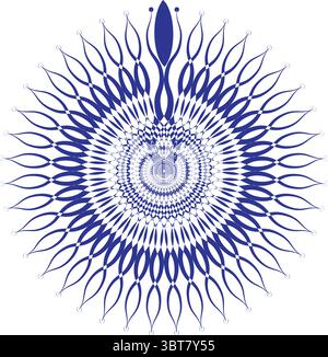 Symmetrical, intricate blue and white mandala-like design with a radial pattern, featuring an optical illusion and hypnotic, abstract forms on a solid Stock Vector