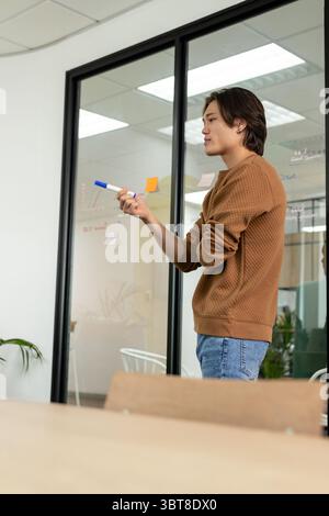 Asian man writing on glass partition in office boardroom with marker and sticky notes, copy space Stock Photo