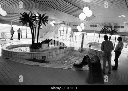 New De Schelft swimming pool Noordwijkerhout Noordwijkerhout, Whizgle News, Dutch Desk, The Netherlands, 1950 - 2000 on 21-06-1990. The image shows these topics. The scene is set in an indoor recreational area, characterized by a playful atmosphere. The space features a large, curvy pool that occupies a central position, with clear water inviting a sense of relaxation. In the shallow end, a small water slide adds a fun element, its bright color contrasting with the surrounding tiles. Palm trees, both realistic and artificial, dot the perimeter of the pool, enhancing the tropical vibe. The wall Stock Photo