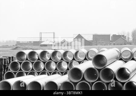 A pile of sewage pipes., Whizgle News, Dutch Desk, The Netherlands, 1950 - 2000. These topics are shown in the image. The scene presents a rural landscape, predominantly featuring stacks of large, cylindrical pipes in the foreground. The pipes, arranged in neat lines, create a sense of order amid a mostly monochrome palette of grays. Their smooth, metallic surfaces reflect a muted sheen, hinting at the dampness in the air. In the background, a collection of farm buildings looms. The structures, rendered in shades of dark gray and muted brown, bear the marks of age, with some featuring gently s Stock Photo