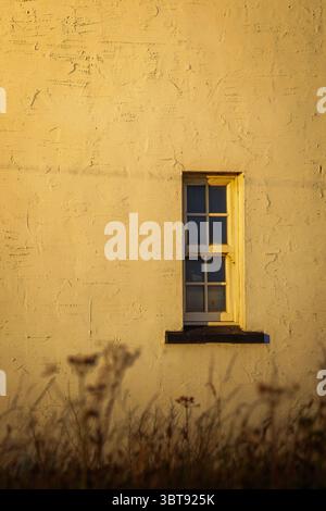 White rendered wall and small windows with sunlight from the setting sun, Seaton Sluice, Northumberland, 2025 Stock Photo