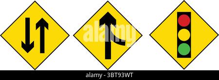 Yellow Diamond Road Sign Vector Set — Two Way Traffic Merge Traffic Light Caution Signs for Highway and Street Safety Stock Vector