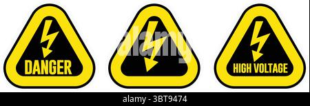 Triangle Danger and High Voltage Warning Sign Vector Set — Electrical Hazard Safety Label Icons for Industrial and Workplace Use Stock Vector