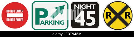 Road and Parking Sign Vector Pack — Traffic Direction Stop Parking Speed Limit and Railroad Crossing Icons Stock Vector