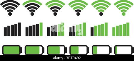 Mobile Signal WiFi and Battery Icons Set — Connectivity and Power Status Indicator Vector Graphics Stock Vector
