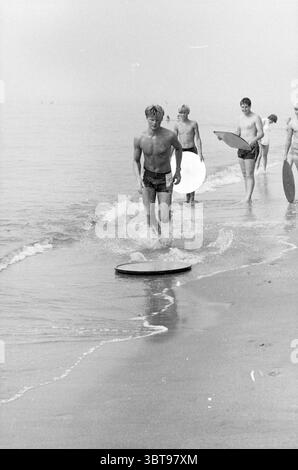 Board riding in surf Zandvoort Beach and beaches Zandvoort, Whizgle News, Dutch Desk, The Netherlands, 1950 - 2000 on 07-07-1983. The image shows these topics. The scene unfolds along a tranquil shoreline where gentle waves lap against the sandy beach. A group of four young men can be seen engaging in an enjoyable day at the beach. The foreground features one individual, confidently striding through the shallow water, with droplets cascading from his sun-kissed skin. He wears simple swim trunks that are dark in color, and his athletic build suggests an active lifestyle. Behind him, two additio Stock Photo