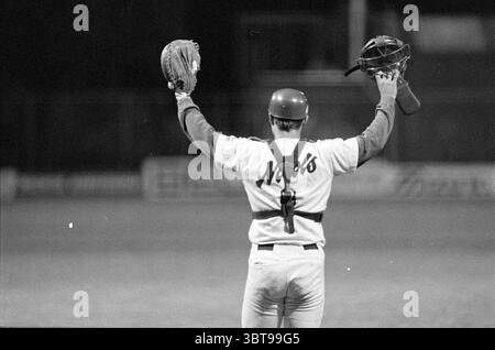 Baseball: Nicols-Red Socks, Whizgle News, Dutch Desk, The Netherlands, 1950 - 2000 on 31-08-1992. These topics are shown in the image. The scene captures a moment at a baseball game, illuminated by a backdrop of soft artificial lights that create a dramatic yet intimate atmosphere in the twilight. The focal point is a man standing with his back to the viewer, dressed in a white jersey adorned with a distinctive emblem and matching trousers. He wears a bright red helmet that stands out against the muted tones of the setting. His arms are raised high, holding a glove in one hand and a catcher’s Stock Photo