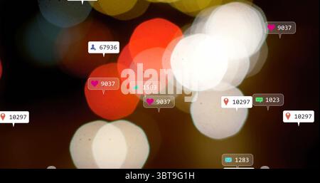Displaying heart thumbs-up follower icons over urban bokeh background, with numeric counters Stock Photo