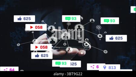 Holding smartphone man interacting with social media icons connecting avatars on digital backdrop Stock Photo