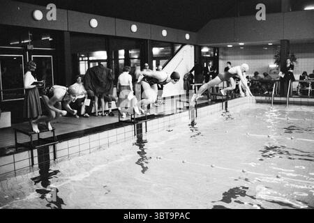 Swimming competition, Whizgle News, Dutch Desk, The Netherlands, 1950 - 2000 on 12-1978. The image shows these topics. The scene captures a lively indoor swimming pool environment, bustling with activity and anticipation. Positioned along the edge of the pool, a group of swimmers is preparing to dive in. Each swimmer is dressed in a distinct swimsuit, showcasing various styles and colors, giving a sense of individuality amidst the collective excitement. The swimmers, poised at the edge on starting blocks, exhibit focused expressions, momentarily frozen in a dynamic stance. The water’s surface Stock Photo