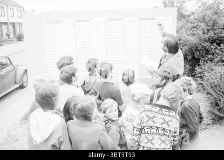 Competitions Tour de Heems Cycling, Whizgle News, Dutch Desk, The Netherlands, 1950 - 2000 on 21-06-1971. The image includes these topics. In the scene, a group of children gathers closely around a large, light-colored wall that displays a grid-like listing. The children come from diverse backgrounds, showcasing a mix of hairstyles and winter clothing, suggesting a chilly day. They exhibit a range of expressions, from curiosity to excitement, as they lean in closely, some resting their chins on hands or tilting their heads in concentration. To the side, an adult, dressed in a suit and glasses, Stock Photo