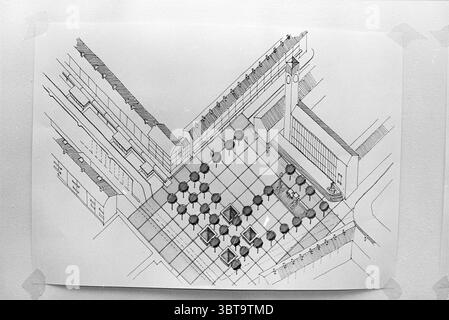 Construction plans IJmuiden, Whizgle News, Dutch Desk, The Netherlands, 1950 - 2000 on 06-11-1995. The image includes these topics. The scene presents a bird's-eye perspective of an urban plaza. In the foreground, a series of geometric patterns creates a structured layout, with square and rectangular shapes defining the ground space. Darker squares serve as seating areas, each surrounded by round tables, indicated by circular outlines. On the right, a large, glass-fronted building features a prominent clock tower, its face clearly identifiable, adding a vertical element to the predominantly ho Stock Photo