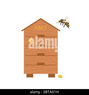 Bees gather around a wooden honey hive in a bright and cheerful setting Stock Vector