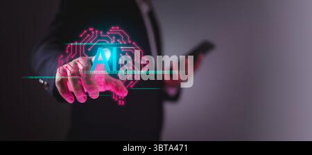 Businessman using virtual brain interface to control AI technology, symbolizing innovation, ethical artificial intelligence, data security, and respon Stock Photo