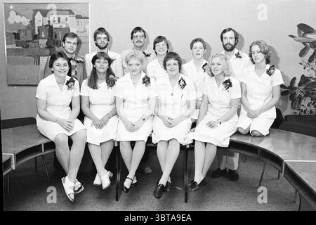 Group of successful nurses Zeeweg Hospital Groups Hospitals, Whizgle News, Dutch Desk, The Netherlands, 1950 - 2000 on 18-02-1982. These topics are shown in the image. The scene features a group of twelve individuals arranged in two rows within a simple indoor setting. The background is adorned with a muted, abstract artwork featuring dark and light shades, likely muted greens and browns, against a plain wall. The composition centers around a large, curved table that creates a semi-circular formation for the subjects. In the front row, six people sit, predominantly wearing white outfits, sugge Stock Photo