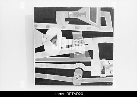 Artwork on the wall., Whizgle News, Dutch Desk, The Netherlands, 1950 - 2000. These are the topics in the image. The scene features an abstract composition, predominantly in shades of black, white, and gray, creating a striking contrast. Various geometric shapes — including triangles, circles, and rectangles — intertwine across the canvas, forming a dynamic visual rhythm. The background features deep blacks, setting a dramatic tone, while the white and gray shapes stand out vividly, giving a sense of depth and dimensionality. The triangular forms appear to be pointing in different directions, Stock Photo