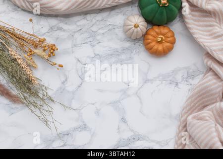 Elegant fall-themed image with neutral tones, mini pumpkins and wildflowers – beautiful top-down composition for seasonal greeting cards Stock Photo