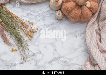Neutral-toned autumn flat lay with harvest elements, cozy scarf and decorative pumpkins – natural lifestyle scene perfect for fall content and elegant Stock Photo