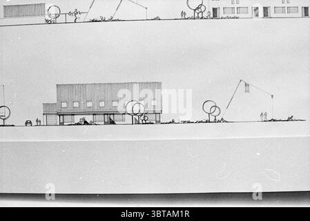 Sketch for a new house., Whizgle News, Dutch Desk, The Netherlands, 1950 - 2000. The image contains these topics. The scene presents a minimalist architectural drawing in monochrome tones, emphasizing clean lines and simple shapes. The foreground features a low, rectangular structure with a flat roof, characterized by several large windows that create an impression of openness. To the left, there’s a small vehicle parked, suggesting functionality. Scattered around the building are stylized trees, depicted as circular forms, contributing an organic touch to the geometric design. Beyond the cent Stock Photo