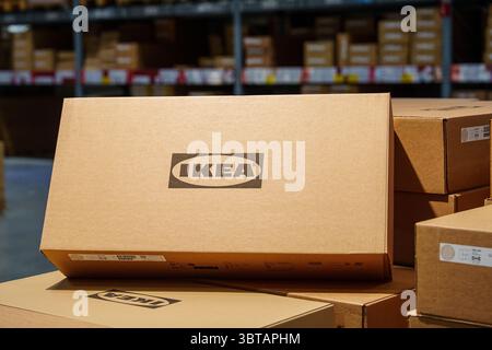 Tallinn, Estonia, 23.09.2023 -Ikea Brown Boxes Stacked in Warehouse Ready for Shipment and Storage Stock Photo