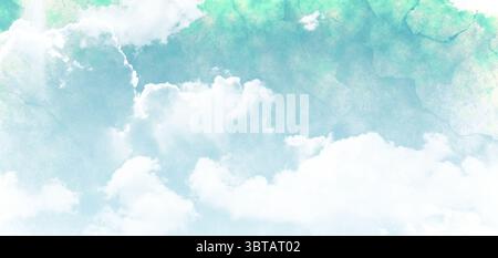Soft white clouds are drifting in pastel watercolor sky over smooth blue green gradient Stock Photo
