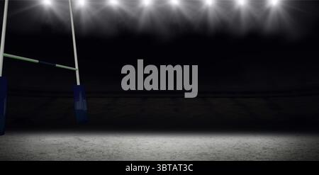 White goal post with blue padding is standing under floodlights on gray field in flat design Stock Photo