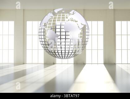 Silver globe floating in room Stock Photo