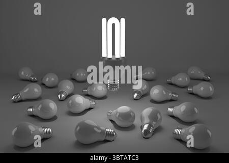 Computer generated image of lit energy efficient lightbulb over bulbs Stock Photo
