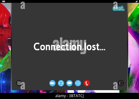 Lost connection message is showing on dark flat UI panel, with chat logo, controls, vibrant shapes Stock Photo