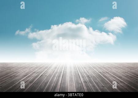 Large white cloud floating in blue sky above wooden deck in flat design, with small wisps Stock Photo