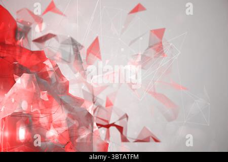 Translucent red polygonal fragments are floating in abstract 3D render, with white network lines Stock Photo
