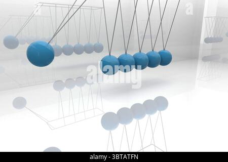 Newton's cradle is swinging in 3D render with glossy blue spheres on frame over mirror floor Stock Photo
