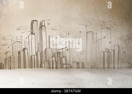 Hand-drawn pencil sketch is showing skyscraper outlines with arrows and cloud shapes on parchment Stock Photo