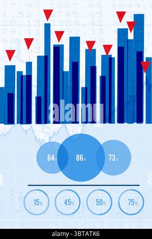 flat infographic is showing vertical blue bars with red triangles and percentage circles on grid Stock Photo