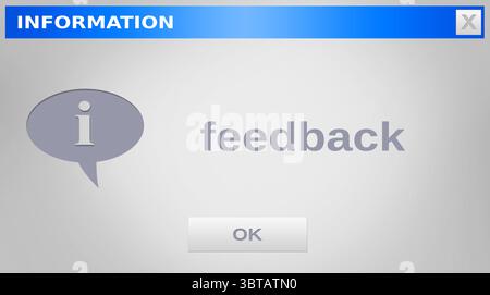 Information dialog is showing flat design feedback on grey background with info icon, OK, X icons Stock Photo