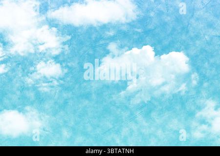 Flat design sky illustration is showing bright blue sky filling frame with wispy and cumulus clouds Stock Photo