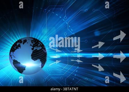 Flat design is showing translucent globe with binary code and dotted arrows over circuit grid Stock Photo