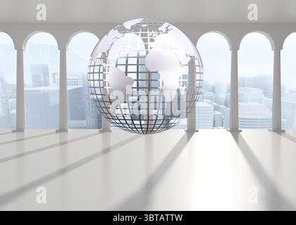 Silver globe floating in room Stock Photo