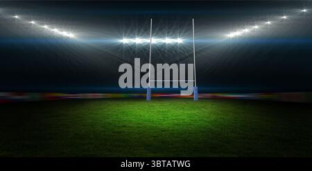 Flat design graphic is showing rugby goal post under floodlights on green turf with blurred banners Stock Photo