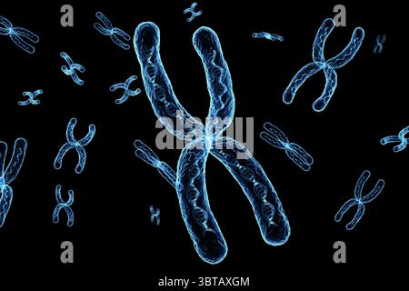 3d rendering blue transparent chromosome x contain dna strand inside isolated on black Stock Photo